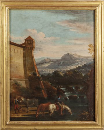 Scuola genovese sec.XVII "Paesaggio con cavalieri 