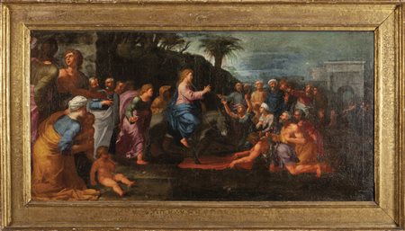 Scuola italiana sec.XVI "Predica di Gesù" olio, 