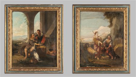 "Paesaggi con personaggi" coppia di olii, 