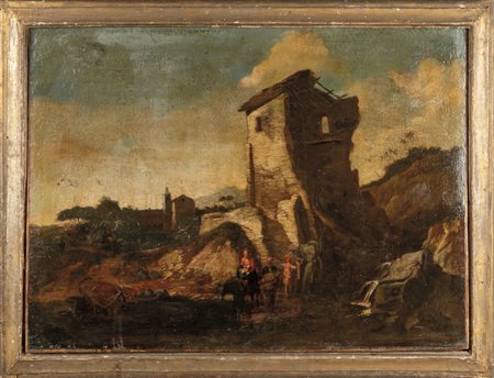 Scuola genovese sec.XVII "Paesaggio con figure" 