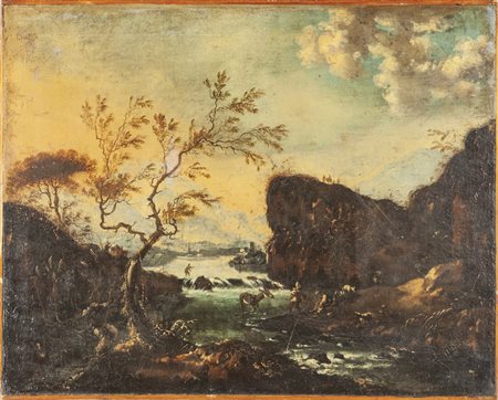 Scuola lombarda sec.XVIII "Il guado" olio<br>cm. 