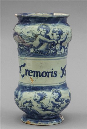 Albarello in ceramica, decorazione bianca e blu 