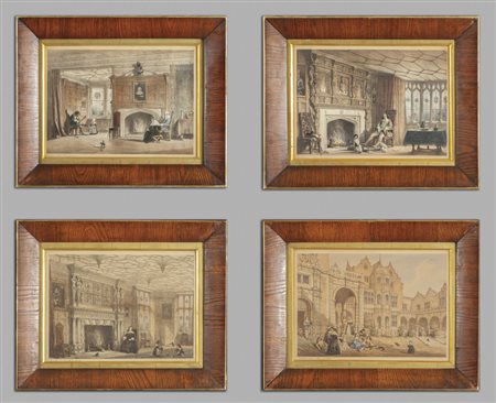 Scuola inglese sec.XIX "Interni di case" quattro 
