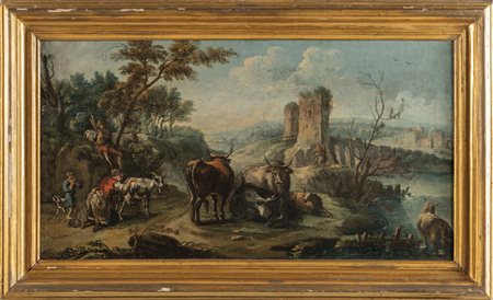 Scuola napoletana sec.XVIII "Paesaggio con figure 