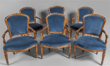 Sei poltrone Luigi XVI in noce intagliato, Genova 