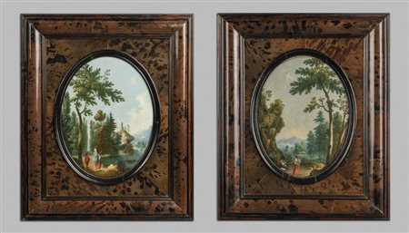 "Paesaggi con figure" coppia di dipinti su rame, 
