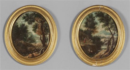 Scuola veneta sec.XVIII "Paesaggi con figure" 