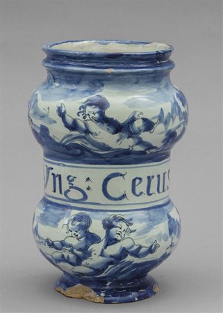 Albarello in ceramica di Savona con putto, marca 