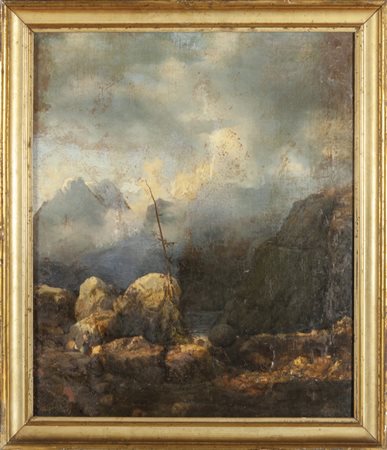 "Sosta tra i massi" olio, sec.XIX<br>cm. 60x75