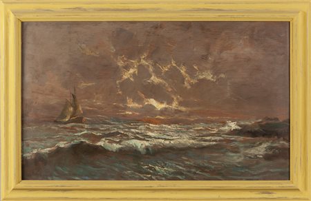 "Vela al tramonto" olio su tavola<br>cm. 100x70