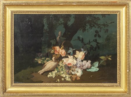 F.L.Baudin "Fiori e colombe" olio su tavola, f.to 