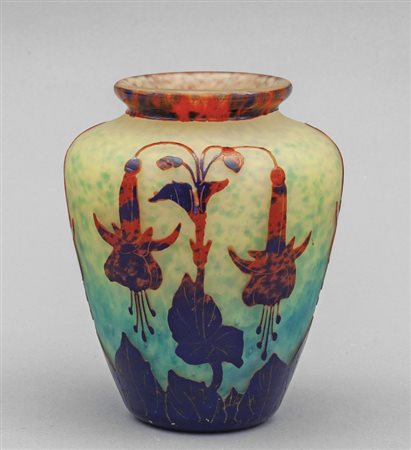 Vaso in vetro decorato con fiori blu f.to alla 