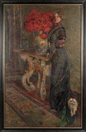 "Giovane donna con abito Liberty, vaso di fiori e 