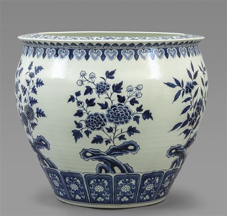Grande cachepot in porcellana bianca e blu, Cina 