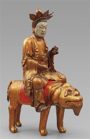 Grande Buddha in legno a cavallo di kilin dorato 