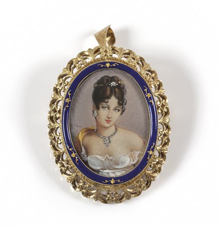 Spilla/ciondolo in oro giallo e smalto blu epoca 