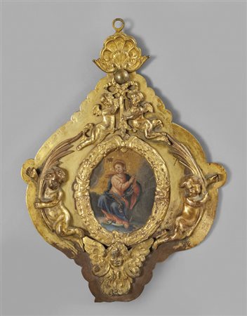 Placchetta in bronzo dorato con putti e angeli, 