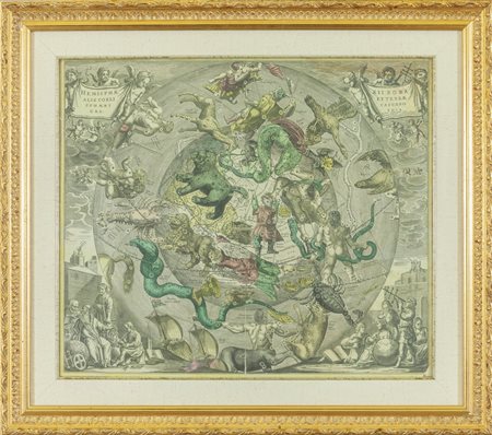 "Emisfero celeste" incisione acquarellata 