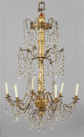 Lampadario Luigi XVI a sei luci, fusto in legno 
