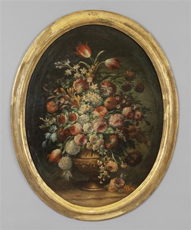 "Vaso di fiori" olio di forma ovale 