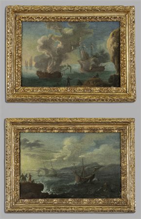 "Marine con figure" coppia di olii 