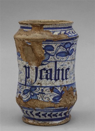 Albarello in ceramica, decorazione bianca e blu, 