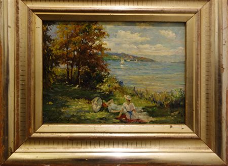 In riva al lago<br>olio su tavoletta  cm. 