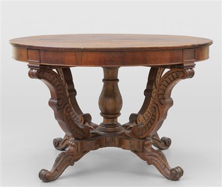 Tavolo a cestello in mogano allungabile, fine 