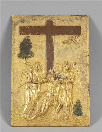 Deposizione, placca in bronzo dorato 