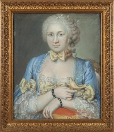 Scuola francese sec.XIX "Dama con uccellino" 