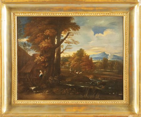 Scuola fiamminga sec.XIX "Paesaggio con figure" 