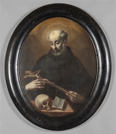 "Santo con Crocefisso e libro" olio di forma 