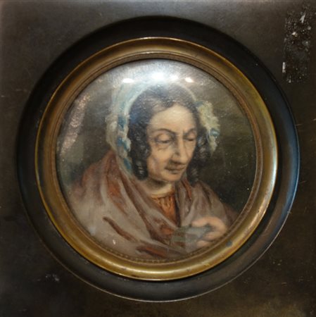 Testa femminile con cuffietta, miniatura ad olio 