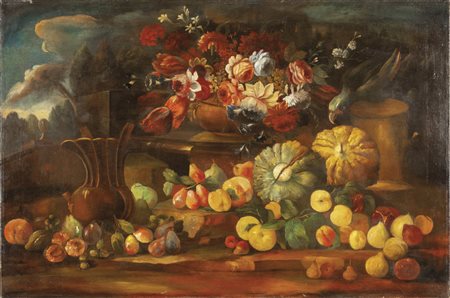 "Natura morta con fiori, frutta e zucche" olio 