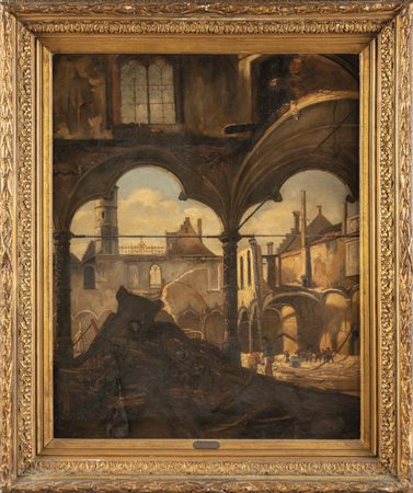 Scuola fiamminga II metà sec.XIX "Cantiere con 