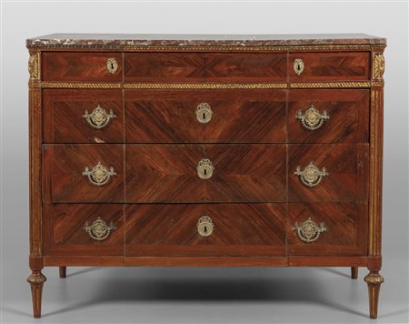 Comò Luigi XVI a tre casstti più due, lastronato 