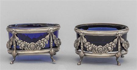 Coppia di saliere in argento con vetri blu inzi 