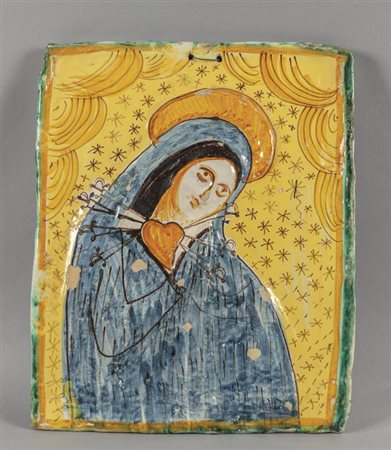 Placca in maiolica policroma raffigurante Madonna 