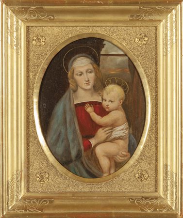 "Madonna con Bambino" olio su cartoncino di forma 