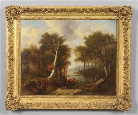 Scuola fiamminga sec.XVIII "Paesaggio con figure 