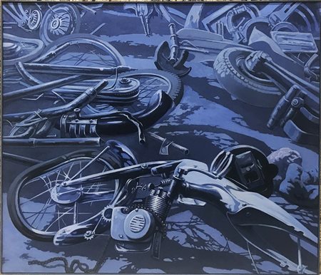 Gino Guida MOTO COME UNA BATTAGLIA olio e acrilico su tela, cm 112x125 sul...