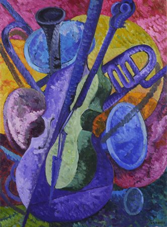 Saverio Terruso STRUMENTI MUSICALI olio su tela, cm 80x60 firma sul retro....