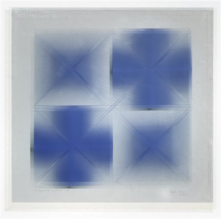 Alberto Biasi, Progetto S4, trasparenza cinetica in blu su fondo grigio chiaro, 1970