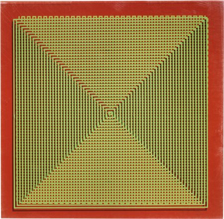 Alberto Biasi, Progetto S1, dinamica visiva in verde su fondo rosso, 1970