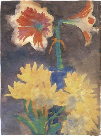 Emil Nolde, Rotweiße Amaryllis und gelbe Blüten, 1930 ca. 