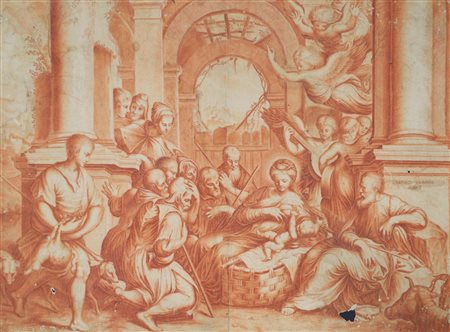 Scuola Emiliana del XVII secolo ADORAZIONE DEI PASTORI sanguigna su carta, cm...