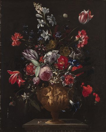 Giovanni Stanchi NATURA MORTA. VASO DI FIORI ISTORIATO CON PAN E SIRINGA olio...