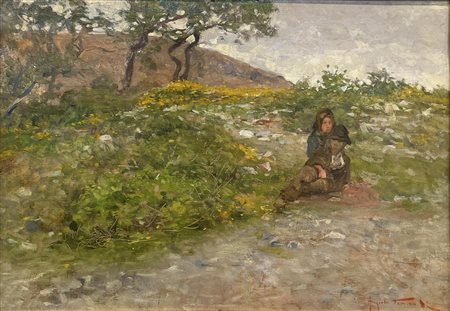 Angiolo Tommasi CONTADINI IN RIPOSO olio su tavola, cm 26,5x35,5 firma sul...