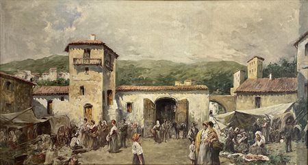 Andrea Marchisio MERCATO DI PAESE olio su tela, cm 40x80,5 firma