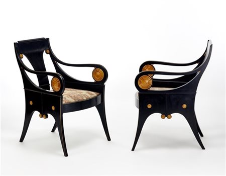 Joze Plecnik Coppia di poltroncine con struttura in legno tinto nero, seduta imb